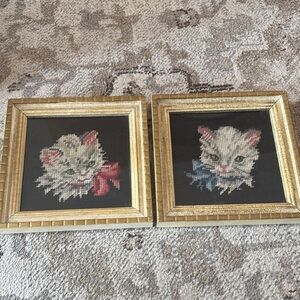 Pair of Gold Framed Cat Embroidery Set